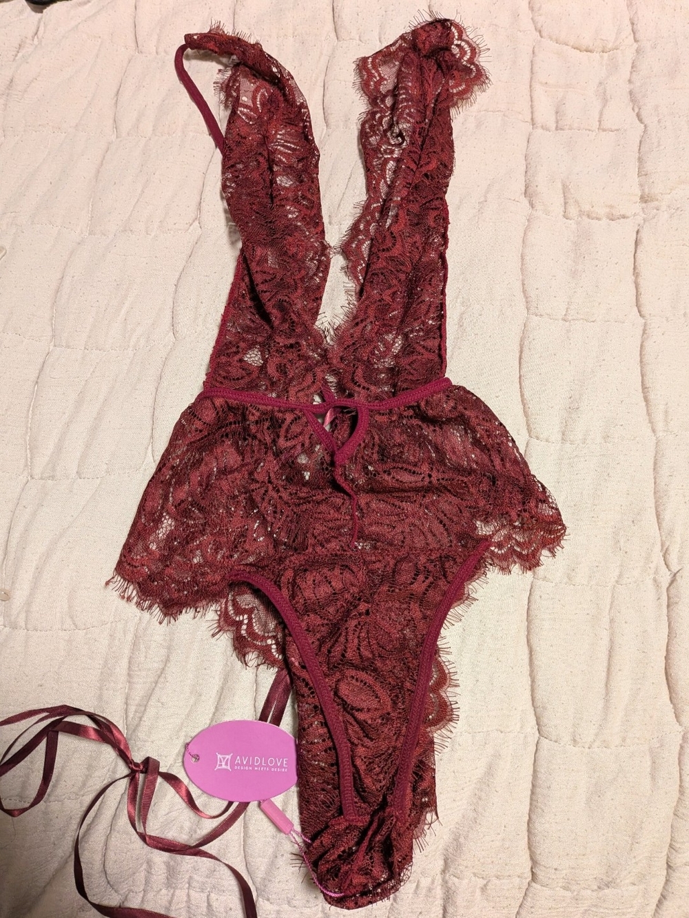 Avidlove Women's Burgundy Lace Plunge Teddy
